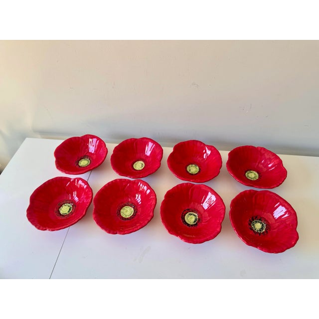 Late 20th Century Red Poppy Flower Hand Painted Salad Bowls Set: 8 Piece For Sale In Charleston - Image 6 of 7