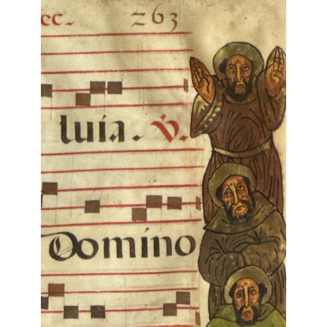 17th Century Framed Illuminated Gregorian Chant Manuscript Page With Monastic Illustrations For Sale In Austin - Image 6 of 6