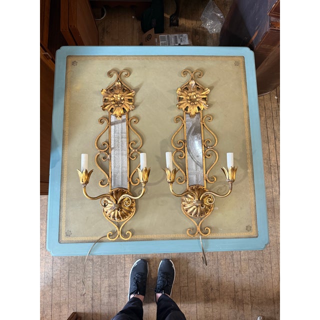 Pair of Vintage Ornate Two Arm Golden Tone Gilt Metal Wall Sconces For Sale - Image 4 of 8