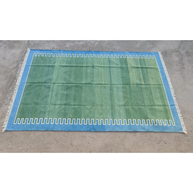 Handmade Cotton Vegetable Dyed Green Zig Zag Pattern Rug - 6'x9' For Sale - Image 11 of 11
