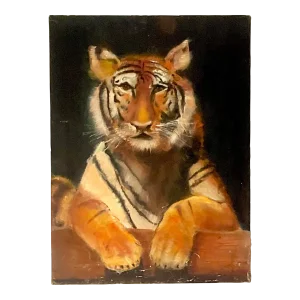 Late 20th Century Vintage Painting of Regal Tiger on Canvas, Signed