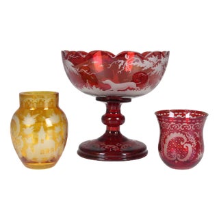 Bohemian Crystal Glass Set in Ruby Red and Yellow, 1880s, Set of 3 For Sale