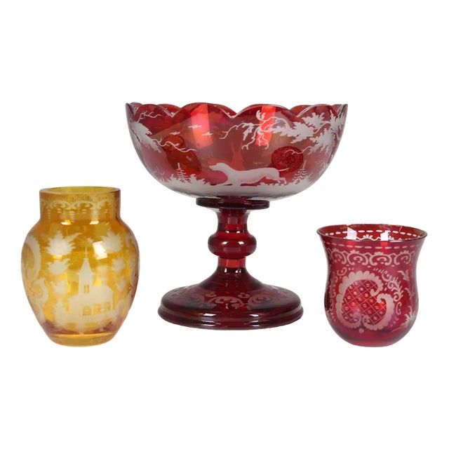 Bohemian Crystal Glass Set in Ruby Red and Yellow, 1880s, Set of 3 For Sale