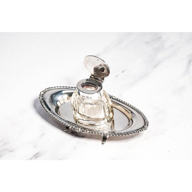 Lovely Edwardian English Antique Sterling Silver Crystal Inkwell Pen Tray Desk Office Home Decor For Sale - Image 9 of 18