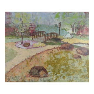1971 Impressionist Park Landscape With Bridge Painting For Sale