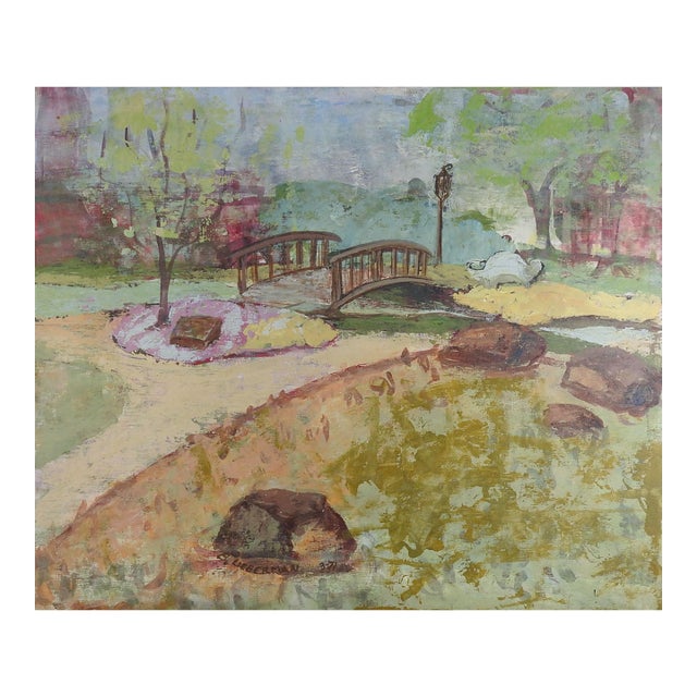 1971 Impressionist Park Landscape With Bridge Painting For Sale