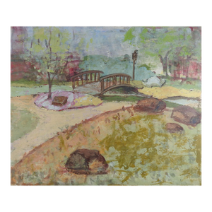 1971 Impressionist Park Landscape With Bridge Painting