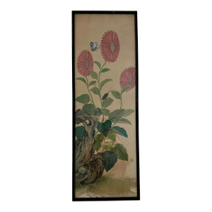 Antique Japanese Edo Period (1603-1868) Hand Painted Butterfly, Chrysanthemums, Beetle Framed Art