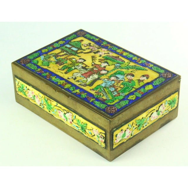Chinese Chinese Polychrome Enameled Brass Box, Wood Lined W. Children Scene For Sale - Image 3 of 9