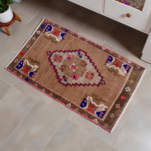 Vintage Turkish Door Mat from Kars region, 1970, featuring warm cocoa-brown tones and authentic village craftsmanship —...