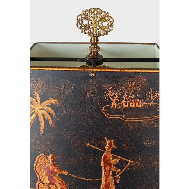 Vintage Frederick Cooper Hexagonal Brass Urn Lamp With Relief Chinoiserie Tole Shade For Sale - Image 12 of 12