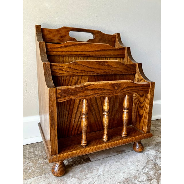 Late 20th Century Vintage Leick Furniture Solid Oak 3-Tier Magazine Rack & Record Caddy For Sale - Image 5 of 15