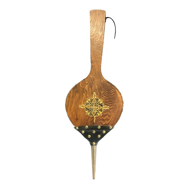 Midcentury Wood & Brass Fireplace Bellows For Sale