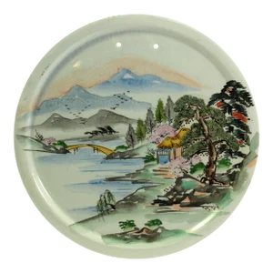 1920's Hand Painted Japanese Porcelain Roundel, River & Mountain Landscape