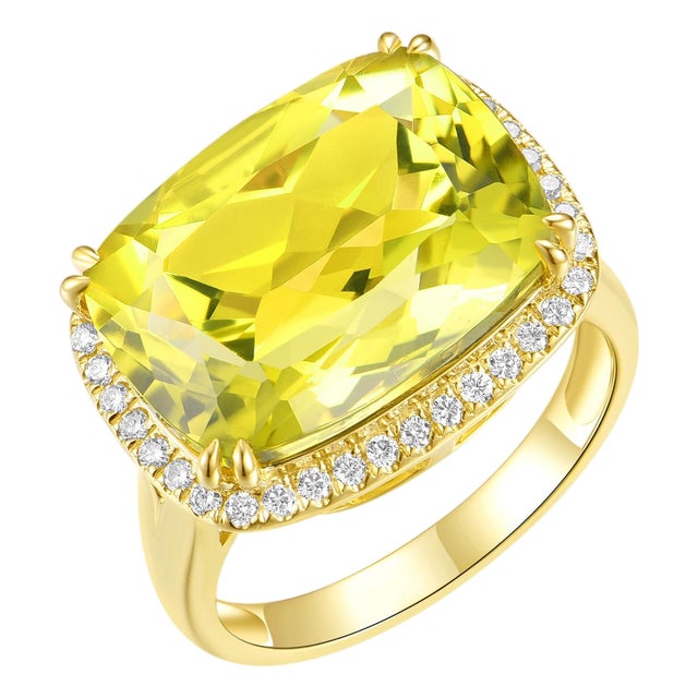 Kai Reflection 11.3ctw Old Mine Cut Natural Lemon Quartz & Diamond Ring in 14k Gold (All Sizes Available) For Sale