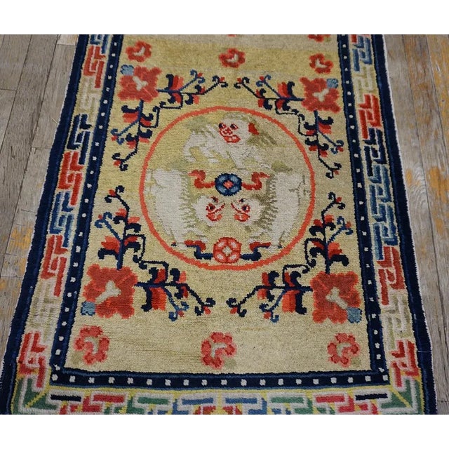 Late 19th Century 1880s Yellow Foo Dog Medallion Antique Chinese Ningxia Runner Carpet 2'4" X 7'2" Knotted Wool Rug For Sale - Image 5 of 10