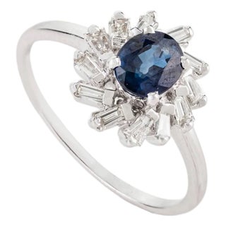 Art Deco Style Blue Sapphire & Baguette Diamond Halo Cluster Ring 14k Gold Size 8 For Sale