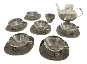Bauhaus Tea Service in Jena Glas by Wilhelm Wagenfeld for Jenaer Glaswerke, Germany, 1950s, Set of 14