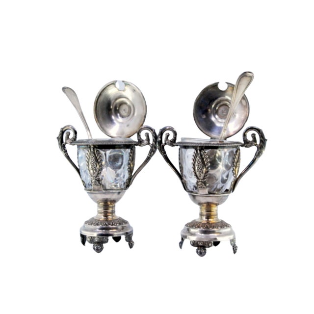 Mustard Pots in Embossed Silver with Palms, Glass Cores and Resting on Claw-Shaped Feet, Set of 2 For Sale - Image 9 of 9