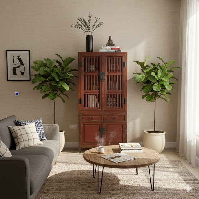 Vintage Brown Oriental Open Bars Doors Display Curio Cabinet Bookcase For Sale - Image 9 of 9