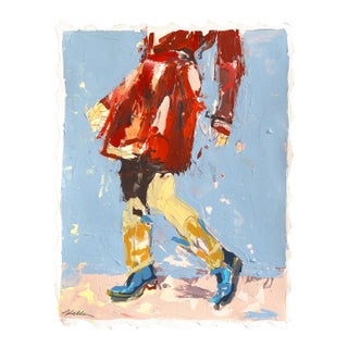 She Wears the Boots - Original Red Coat and Blue Western Boots Textured Mixed Media Painting on Paper by Kellie Newsome For Sale