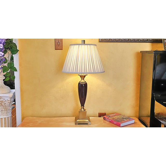 Transitional Transitional Style Brass & Deep Purple Ceramic Table Lamp For Sale - Image 3 of 12