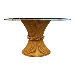 Mid 20th Century Vintage McGuire Glass Top Wheat Sheaf Rattan Pedestal Dining Table For Sale