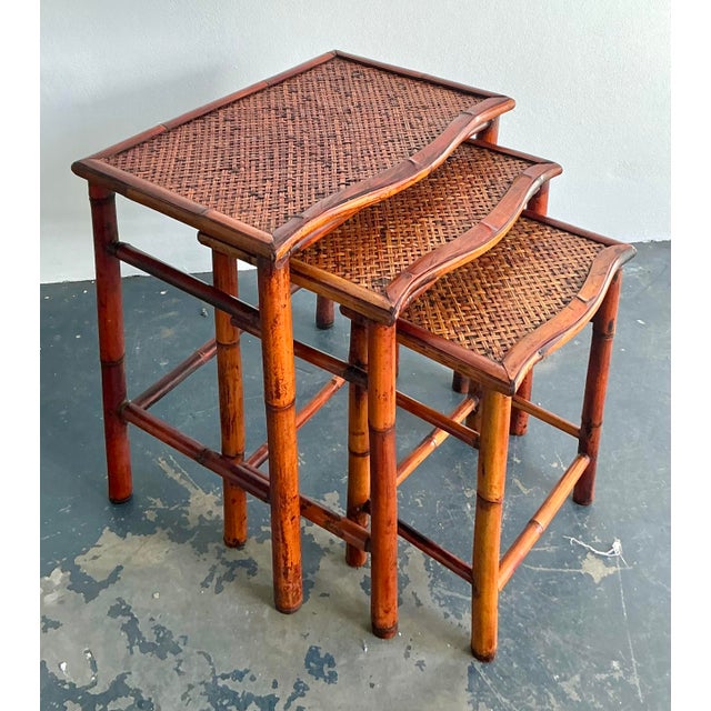 Late 20th Century Vintage Boho Woven Rattan Nesting Tables - Set of 3 For Sale - Image 5 of 12