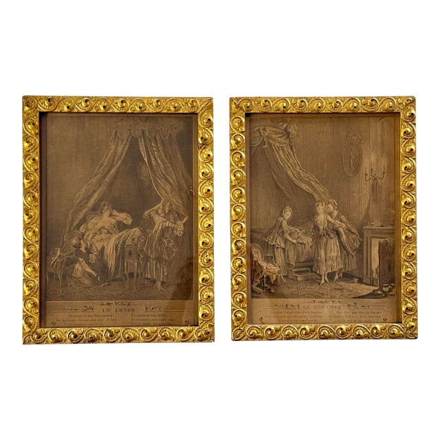 Pair of Antique French Romantic Etchings in Giltwood Frames For Sale