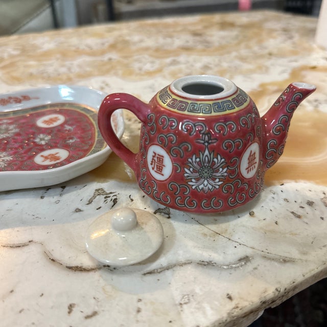 1970s Vintage Miniature Set of Asian Ceramic Cups, Teapot, and Tray- 5 Pieces Total For Sale - Image 5 of 8