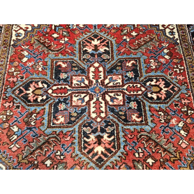 Vintage Persian Heriz Rug, Hand-Knotted Wool, Geometric Medallion Pattern, Red & Navy, 5x7 For Sale - Image 12 of 15