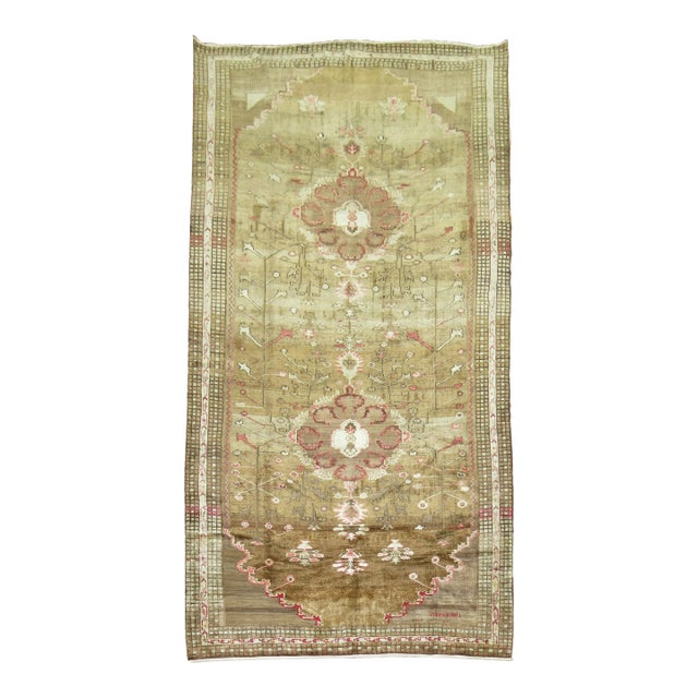 Brown Double Medallion Mid-20th Century Turkish Rug - 7' x 13'8" For Sale