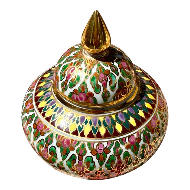 Vintage Thai Benjarong Gilded Covered Jar - Hand Painted 24k Gold Accents For Sale