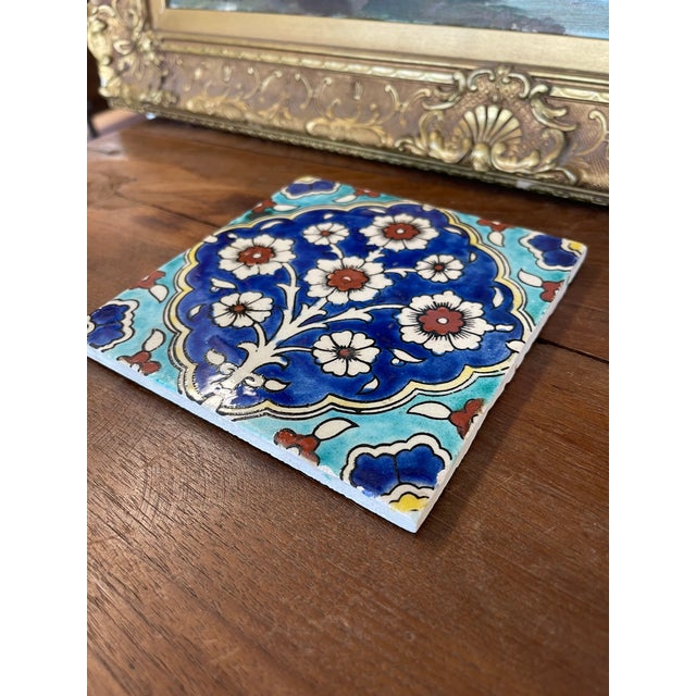 Hand-Painted Glazed Ceramic Tile With Ottoman Floral Motif in Cobalt and Turquoise. For Sale - Image 4 of 8