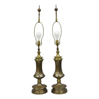 Vintage French Empire Patinated Bronze Brass Column Table Lamps by Wildwood Pair For Sale