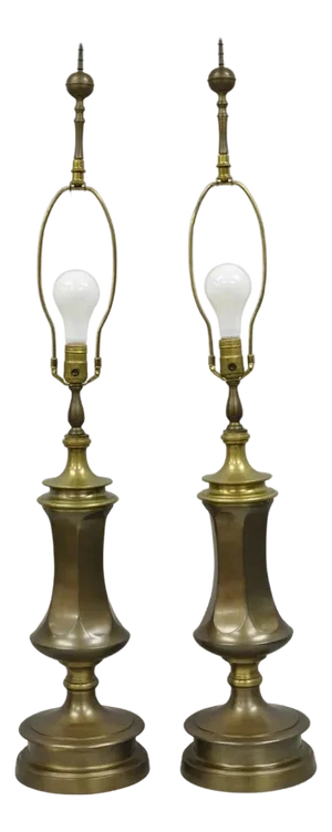 Vintage French Empire Patinated Bronze Brass Column Table Lamps by Wildwood Pair