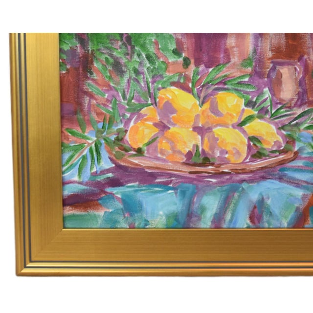 A still-life composition painting of lemons arranged in a shallow dish, set against a warm, expressive background with...