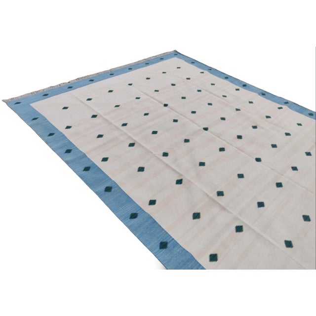 Textile Handmade Cotton Area Rug, Natural Vegetable Dyed White, Blue & Green Diamond Rug-5'x7' For Sale - Image 7 of 10