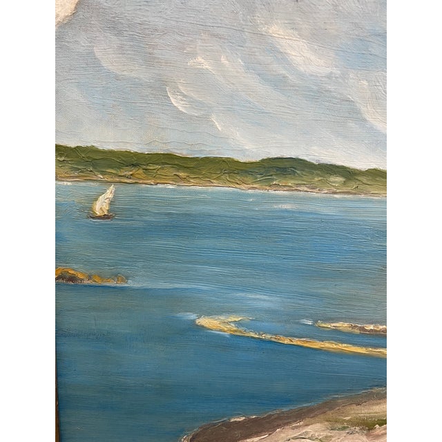 Blue Vintage Coastal Landscape Painting in Impressionist Style, Framed Seascape With Sailboat - Unknown Artist For Sale - Image 8 of 10