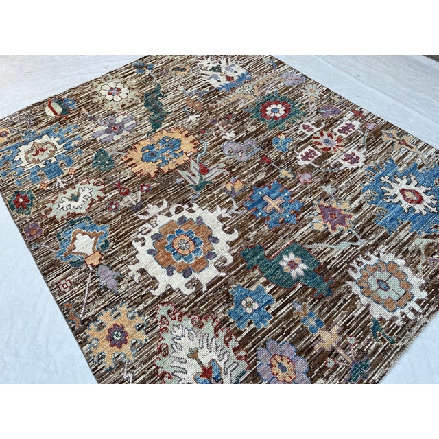 Brown Oushak Wool Rug With Multicolor Floral Design For Sale - Image 6 of 9