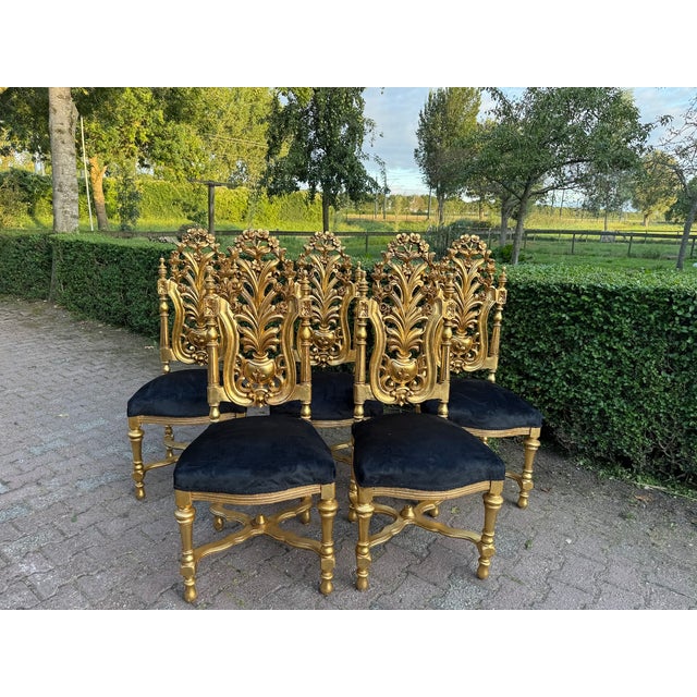 Rococo 1900 Italian Rococo Gold Beech Black Velvet Dining Chairs - Set of 6 Pc For Sale - Image 3 of 18