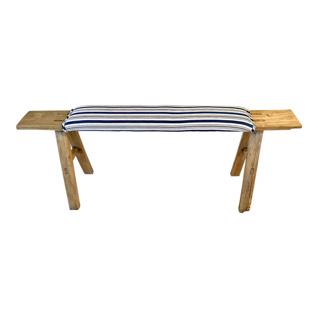 Rustic Em Long Bench W/French Ticking Upholstery For Sale