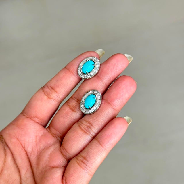 14k White Gold Halo Stud Earrings With 2.52ct Turquoise & Diamonds- A Pair For Sale In New York - Image 6 of 15