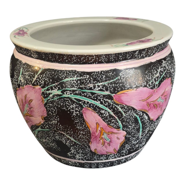 Vintage Asian Floral Pink Calla Lily Koi Fish Large Planter For Sale - Image 9 of 9