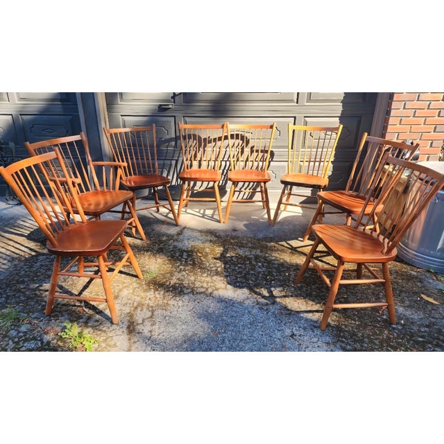 Brown Set of 8 Stickley Solid Cherry Colonial Spindle Back Chairs For Sale - Image 8 of 8