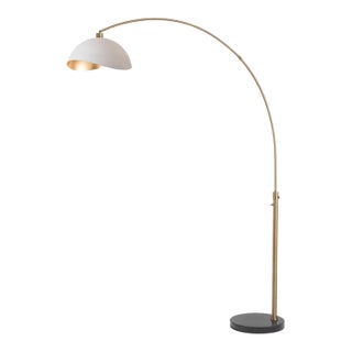 1960s 92" Adjustable White and Gold Mid Century Floor Lamp - Modern Arc Lamp, Weathered Brass, Dimmable, Black Marble Base For Sale