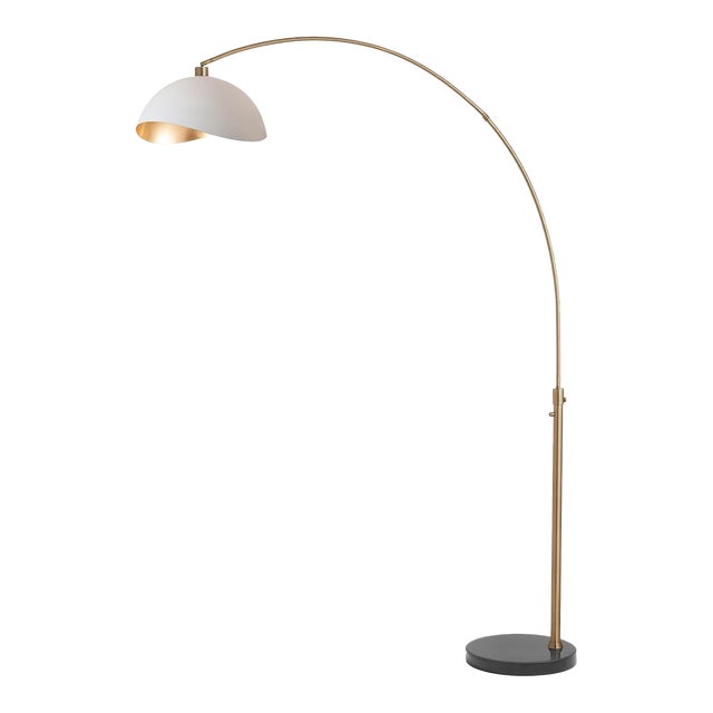 1960s 92" Adjustable White and Gold Mid Century Floor Lamp - Modern Arc Lamp, Weathered Brass, Dimmable, Black Marble Base For Sale
