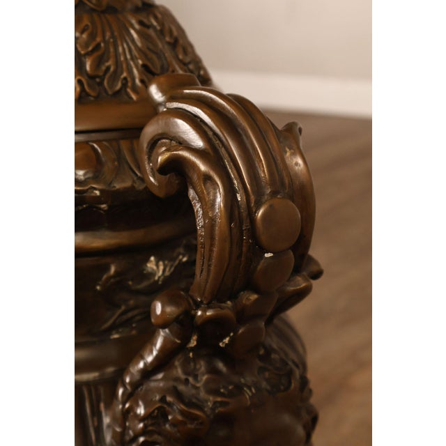 Neoclassical Style Large Pair Of Cast Bronze Covered Urns With Figural Relief For Sale - Image 11 of 18
