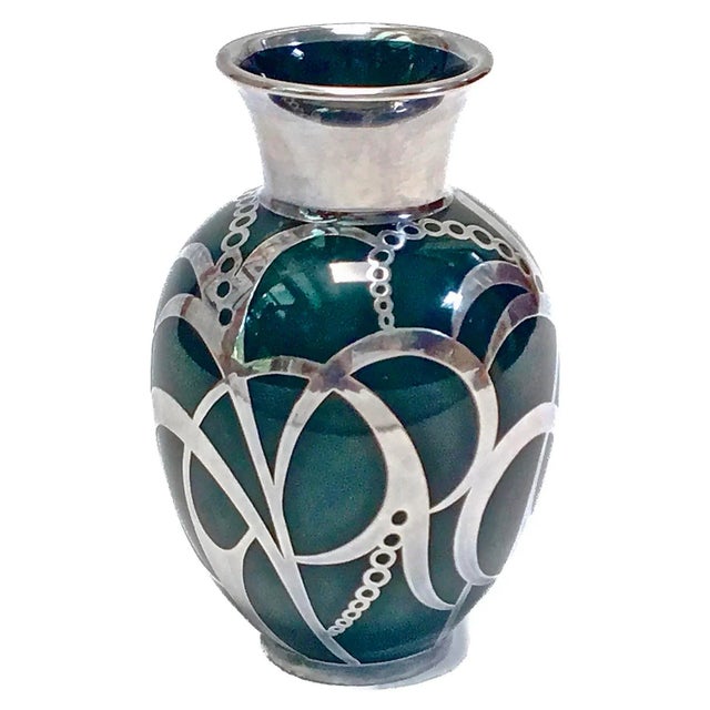 Vintage Art Deco Haviland Green & Silver Porcelain Vase For Sale - Image 4 of 9