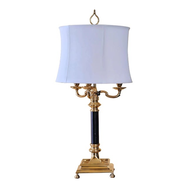 Vintage Brass Empire French-Style Tole Bouillotte-Style Lamp With Dual Black Chain Bulb Switches With Shade For Sale